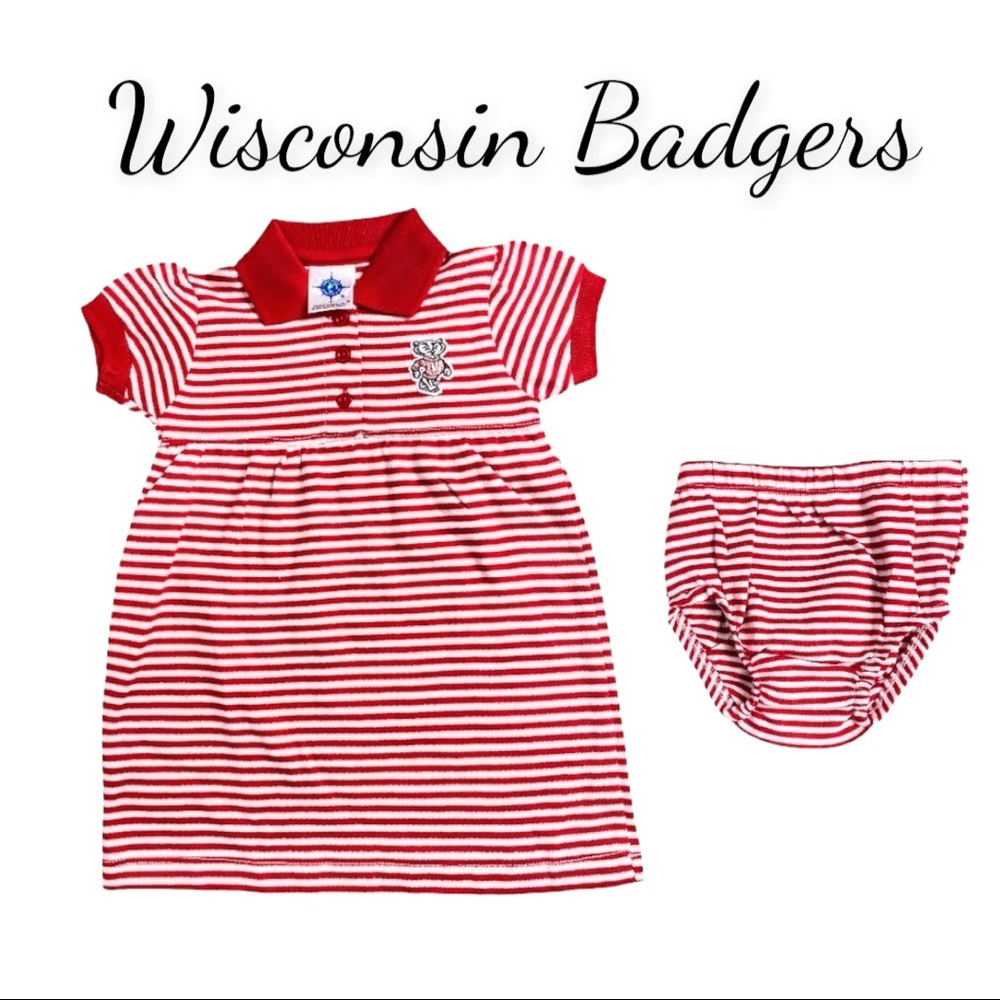 NWT Wisconsin Badgers Red & White Striped Baby Dress with Badgers Bloomers